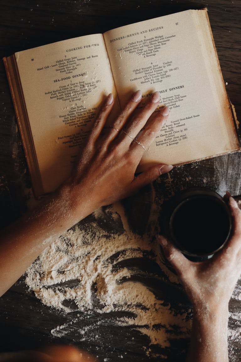 Sipping coffee while baking bread + reading recipes