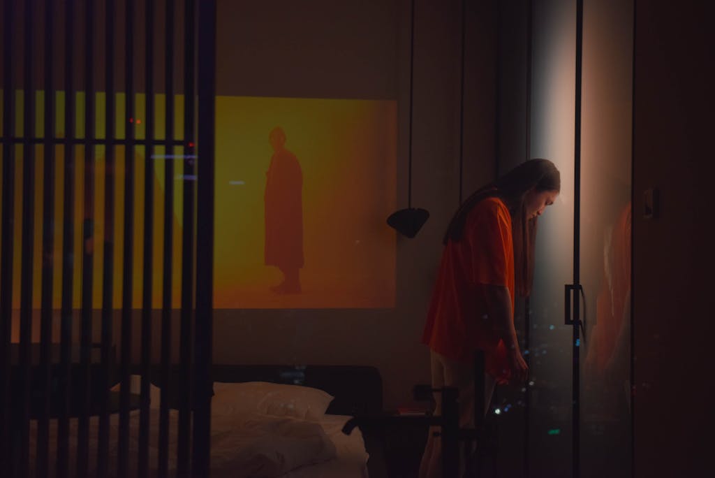 A woman standing against a window in a dimly lit room with a projected silhouette in the background.